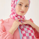 Satranç Desen Dijital Soft Şal - Pembe