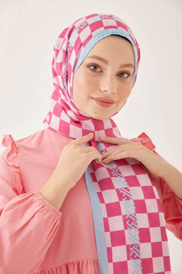 Satranç Desen Dijital Soft Şal - Pembe