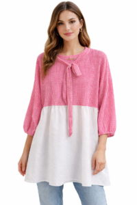 Gofre Desen Bağcıklı Tunik Fuşya