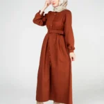 Önden Düğmeli Ve Kemerli Elbise Kiremit