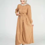 Önden Düğmeli ve Kemerli Elbise Camel
