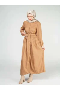 Önden Düğmeli ve Kemerli Elbise Camel