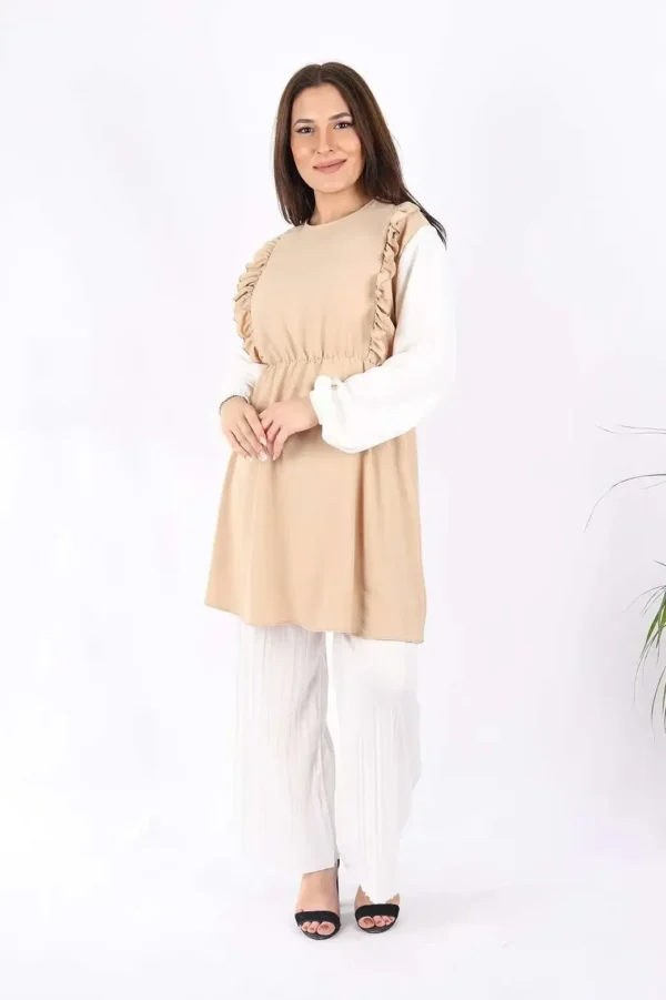 Kolları Lastik Detaylı Aurobin Kumaş Tunik Camel