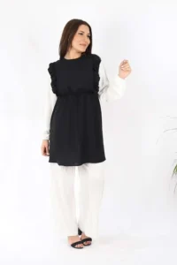 Kolları Lastik Detaylı Aurobin Kumaş Tunik Siyah