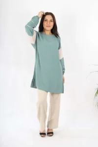 Garni Detaylı Aurobin Kumaş Tunik Yeşil