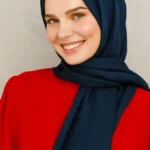 Pamuk Jakarlı Küçük Kare Desen Şal Lacivert 