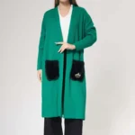 Cep Detaylı Uzun Örme Hırka-Yeşil