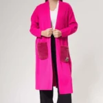 Cep Detaylı Uzun Örme Hırka-Fuşya