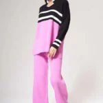 Şerit Detaylı Pembe Triko Takım