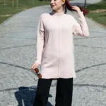 Triko Önden Dikişli Tunik Pudra