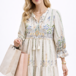 Desenli Keten Elbise Kahve Çizgili