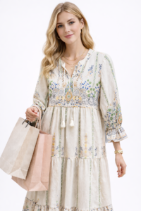 Desenli Keten Elbise Kahve Çizgili