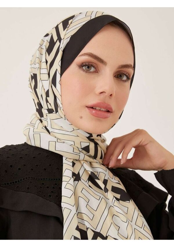 F Desen Krep Şal-Kremsi Siyah