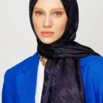 Lacivert Kazayağı Desen Parlak Jakar Şal