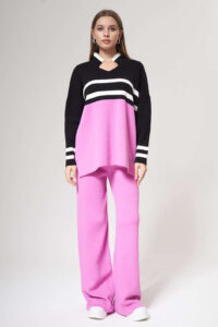 Şerit Detaylı Triko Takım Pembe