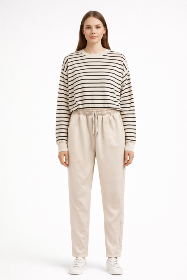 Yüksek Bel Bağcıklı Rahat Kesim Kadın Pantolon Bej